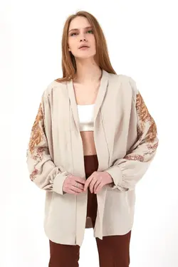 پیراهن کیمونو پولک دوزی شده بژ برند 4Sisters Fashion کد 1648373634