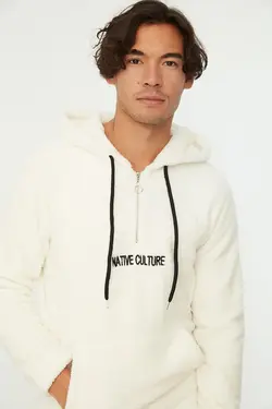 سوییشرت جیب دار کلاهدار اسلیم فیت آستین بلند شیری زیپدار مردانه برند TRENDYOL MAN کد 1648493162