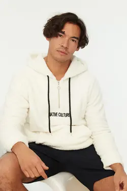 سوییشرت جیب دار کلاهدار اسلیم فیت آستین بلند شیری زیپدار مردانه برند TRENDYOL MAN کد 1648493162