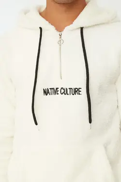 سوییشرت جیب دار کلاهدار اسلیم فیت آستین بلند شیری زیپدار مردانه برند TRENDYOL MAN کد 1648493162