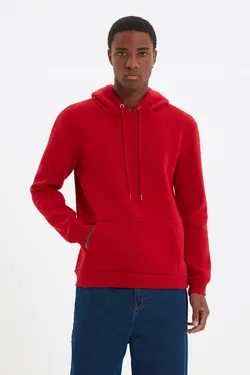 سوییشرت جیب دار کلاهدار متناسب قرمز مردانه برند TRENDYOL MAN کد 1648493066