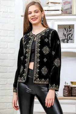 کت آستر‎دار مخملی قلاب دوزی شده کار طلایی مشکی زنانه برند Chiccy کد 1648452490