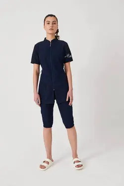 مایو استخر آستین کوتاه طرح‎دار جیبدار سرمه ای زیپدار زنانه برند Haşema کد 1648659130