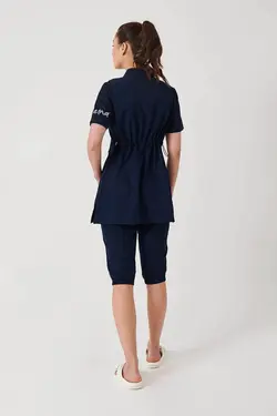 مایو استخر آستین کوتاه طرح‎دار جیبدار سرمه ای زیپدار زنانه برند Haşema کد 1648659130