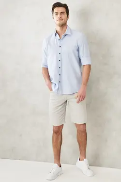 پیراهن دکمه‎دار برش اسلیم فیت یقه روزمره آسیتن کوتاه آبی قالب تنگ مردانه برند Altınyıldız Classics کد 1648754725