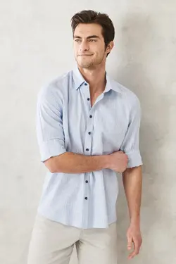 پیراهن دکمه‎دار برش اسلیم فیت یقه روزمره آسیتن کوتاه آبی قالب تنگ مردانه برند Altınyıldız Classics کد 1648754725