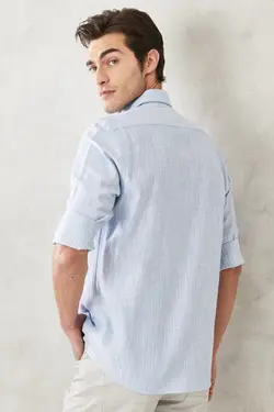 پیراهن دکمه‎دار برش اسلیم فیت یقه روزمره آسیتن کوتاه آبی قالب تنگ مردانه برند Altınyıldız Classics کد 1648754725