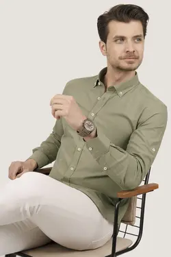 پیراهن جعبه‎دار دکمه‎دار کتان یقه اسلیم فیت یشمی برند Etikmen کد 1648753989