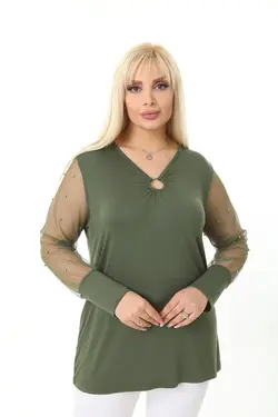 بلوز سایز بزرگ مروارید دوزی شده تور دار آستین یشمی برند EGZ BUTİK کد 1648732749