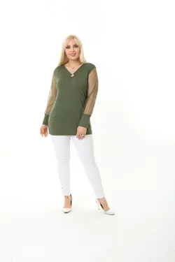 بلوز سایز بزرگ مروارید دوزی شده تور دار آستین یشمی برند EGZ BUTİK کد 1648732749