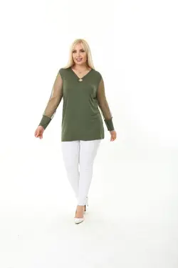 بلوز سایز بزرگ مروارید دوزی شده تور دار آستین یشمی برند EGZ BUTİK کد 1648732749