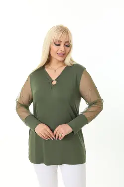 بلوز سایز بزرگ مروارید دوزی شده تور دار آستین یشمی برند EGZ BUTİK کد 1648732749