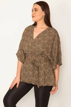 بلوز کمربند‎دار یقه دار پلنگی زنانه برند Şans کد 1648732568