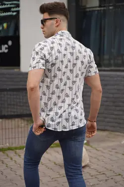 پیراهن طرح‎دار آستین کوتاه سفید مردانه برند Madmext کد 1648708094