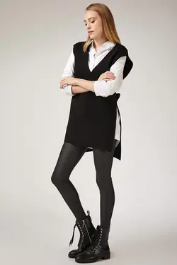 ژاکت بافتنی بلند یقه هفت کمربند دار مشکی زنانه برند Happiness İstanbul کد 1648854190
