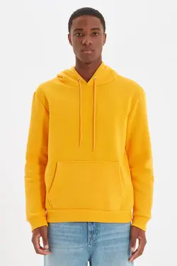 سوییشرت جیب دار کلاهدار متناسب آستین بلند خردلی مردانه برند TRENDYOL MAN کد 1648493235