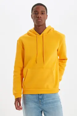 سوییشرت جیب دار کلاهدار متناسب آستین بلند خردلی مردانه برند TRENDYOL MAN کد 1648493235