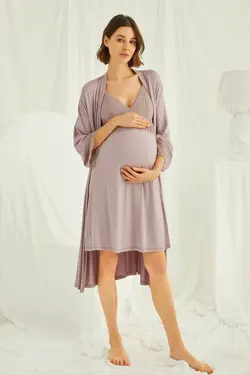ست لباس شب شیردهی قابل تنظیم بلند و گشاد توری قهوه ای سموری بارداری بند‎دار زنانه برند MONAMİSE کد 1648861566