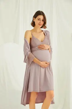 ست لباس شب شیردهی قابل تنظیم بلند و گشاد توری قهوه ای سموری بارداری بند‎دار زنانه برند MONAMİSE کد 1648861566