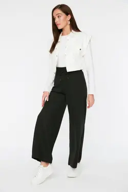 شلوار راحتی بافتنی دور کمر بلند پاچه گشاد کشی مشکی برند TRENDYOL MODEST کد 1649006588