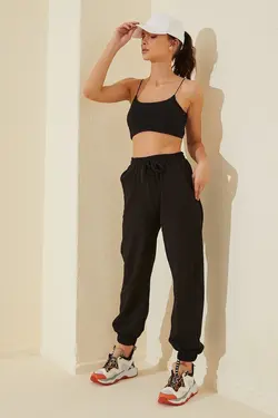 شلوار راحتی کمر کشی نخی مشکی زنانه برند Loca Home کد 1649006167