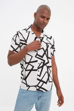پیراهن متناسب یقه طرحدار آستین کوتاه سفید مردانه برند TRENDYOL MAN کد 1648991665