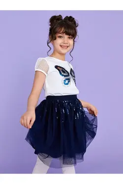 دامن کمر کشی پولک دوزی شده سرمه ای دخترانه برند LC Waikiki کد 1648988716