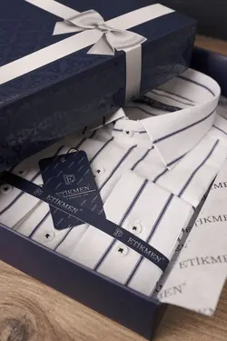 پیراهن جعبه‎دار اسلیم فیت راه‎راه سرمه ای سفید برند Etikmen کد 1649066227