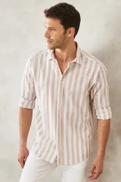 پیراهن برش راحت یقه سفید بژ کلاسیک 100پنبه مردانه برند Altınyıldız Classics کد 1649065988