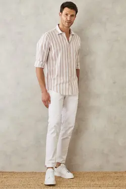 پیراهن برش راحت یقه سفید بژ کلاسیک 100پنبه مردانه برند Altınyıldız Classics کد 1649065988