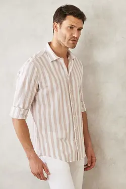 پیراهن برش راحت یقه سفید بژ کلاسیک 100پنبه مردانه برند Altınyıldız Classics کد 1649065988