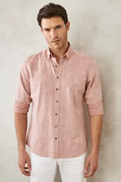 پیراهن دکمه‎دار برش اسلیم فیت یقه طرحدار روزمره 100پنبه قالب تنگ برند Altınyıldız Classics کد 1649066126