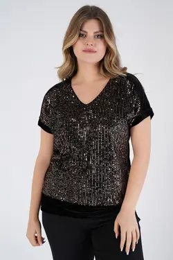 بلوز یقه هفت آستین پولک دوز سایز بزرگ دار برند Nelly کد 1649053520