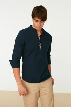 پیراهن دکمه‎دار اسلیم فیت یقه دیپلمات نیمه سرمه ای مردانه برند TRENDYOL MAN کد 1649174035