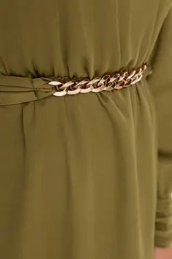 لباس مجلسی پوشیده بافته شده یقه طرح‎دار سبز دکمه سر دست کمربند دار برند TRENDYOL MODEST کد 1649143039