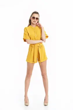 سرهمی شلوارک کمربند‎دار آستین کوتاه خردلی برند Okçu Triko کد 1649211314