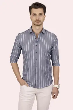 پیراهن جعبه‎دار اسلیم فیت راه‎راه سفید طوسی برند Etikmen کد 1649294949