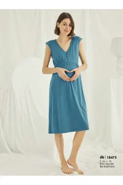 لباس شب دکمه‎دار بدون آستین از جلو یقه هفت آبی نفتی بارداری زنانه برند Comfort Mood کد 1649454367