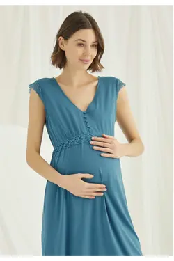 لباس شب دکمه‎دار بدون آستین از جلو یقه هفت آبی نفتی بارداری زنانه برند Comfort Mood کد 1649454327