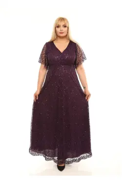 لباس مجلسی پولک دوز بلند بنفش زنانه برند FİDAN TEKSTİL کد 1649606348