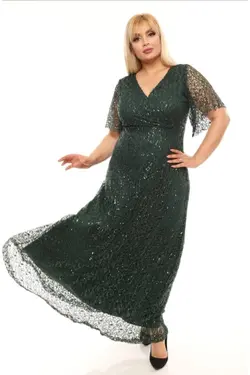 لباس مجلسی پولک دوز بلند سایز بزرگ سبز زنانه برند FİDAN TEKSTİL کد 1649606229