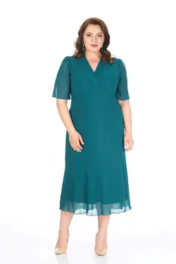 پیراهن شیفون یقه کوتاه پیله دار سایز بزرگ رنگ سبز نفتی برند LİLAS XXL کد 1649606287