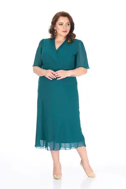 پیراهن شیفون یقه کوتاه پیله دار سایز بزرگ رنگ سبز نفتی برند LİLAS XXL کد 1649606287