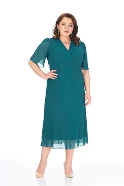 پیراهن شیفون یقه کوتاه پیله دار سایز بزرگ رنگ سبز نفتی برند LİLAS XXL کد 1649606287