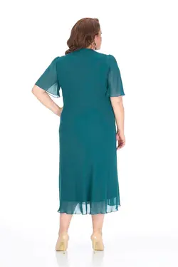 پیراهن شیفون یقه کوتاه پیله دار سایز بزرگ رنگ سبز نفتی برند LİLAS XXL کد 1649606287