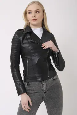کاپشن چرم اصل مشکی زنانه برند Deri Effect کد 1649603113