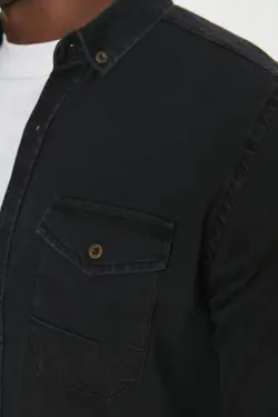 پیراهن دکمه‎دار متناسب فلزی مردانه مشکی برند TRENDYOL MAN کد 1649670558