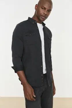 پیراهن دکمه‎دار متناسب فلزی مردانه مشکی برند TRENDYOL MAN کد 1649670558