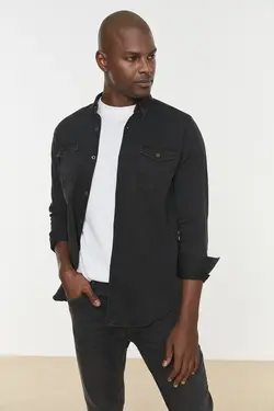 پیراهن دکمه‎دار متناسب فلزی مردانه مشکی برند TRENDYOL MAN کد 1649670558