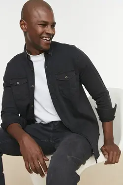 پیراهن دکمه‎دار متناسب فلزی مردانه مشکی برند TRENDYOL MAN کد 1649670558
